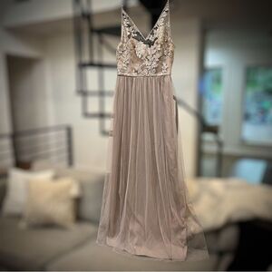 Amsale Sora bridesmaid dress- size 10 in Latte lace tulle floor length gown